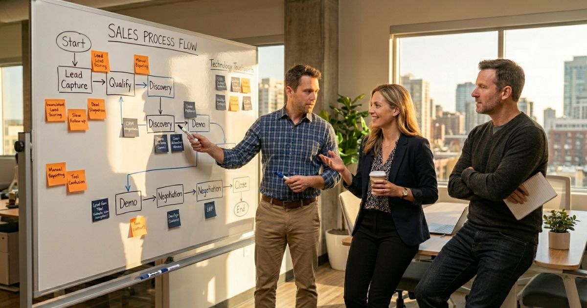 Three colleagues discussing a hand-drawn sales process flowchart covered in sticky notes