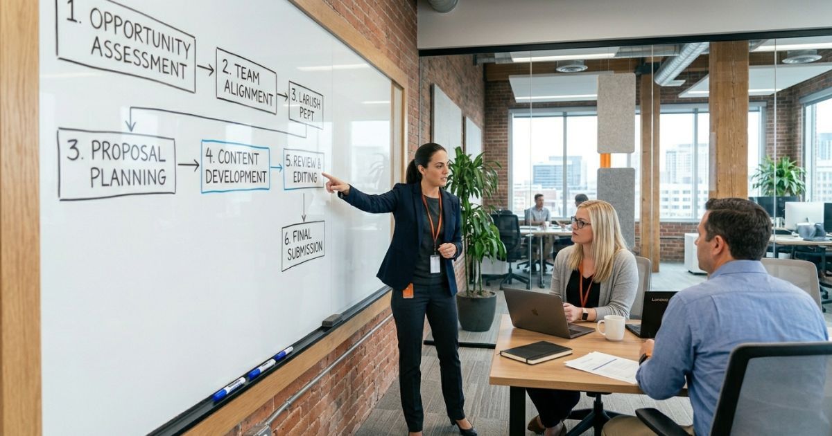 Proposal team lead reviewing an RFP workflow diagram on a glass whiteboard with two colleagues