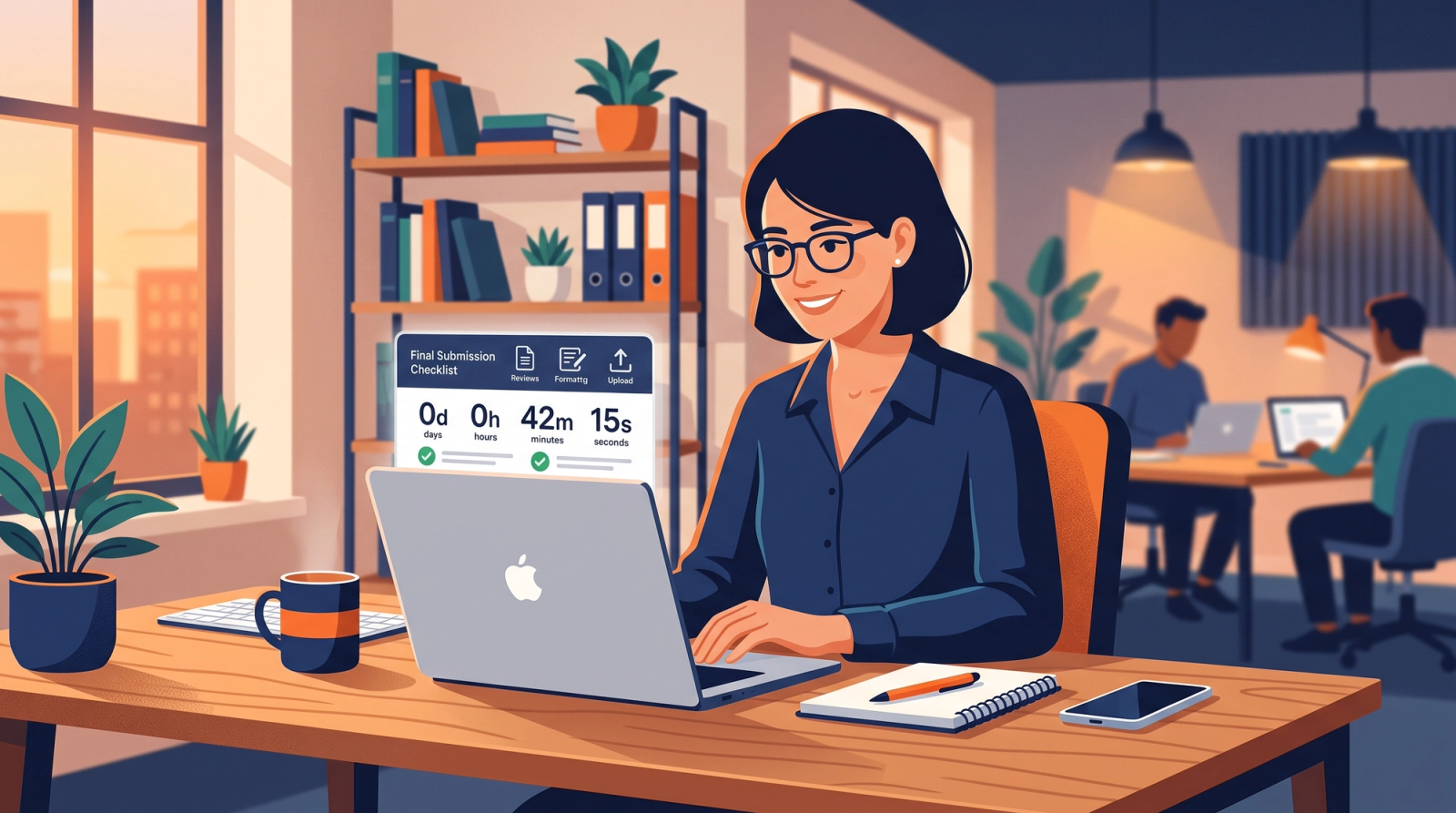 Proposal manager at a laptop with a final submission checklist and a deadline countdown clock
