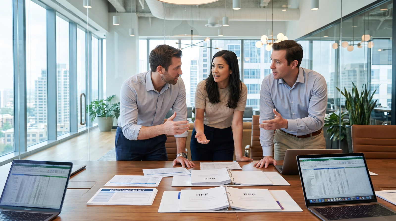 Proposal team reviewing a printed compliance matrix and RFP documents at a conference table
