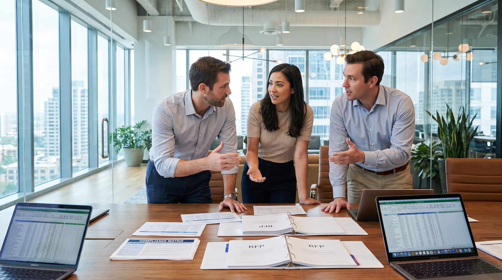 Proposal team reviewing a printed compliance matrix and RFP documents at a conference table