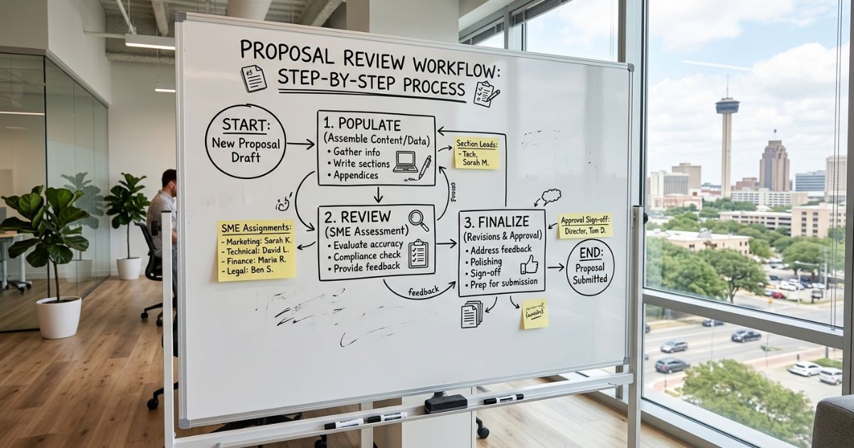 Whiteboard showing a three-stage proposal workflow with review, populate, and finalize stages connected by arrows
