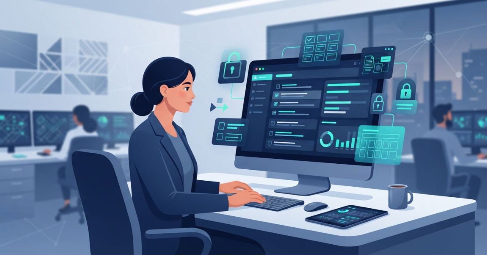  Security analyst reviewing a digital compliance checklist on a monitor