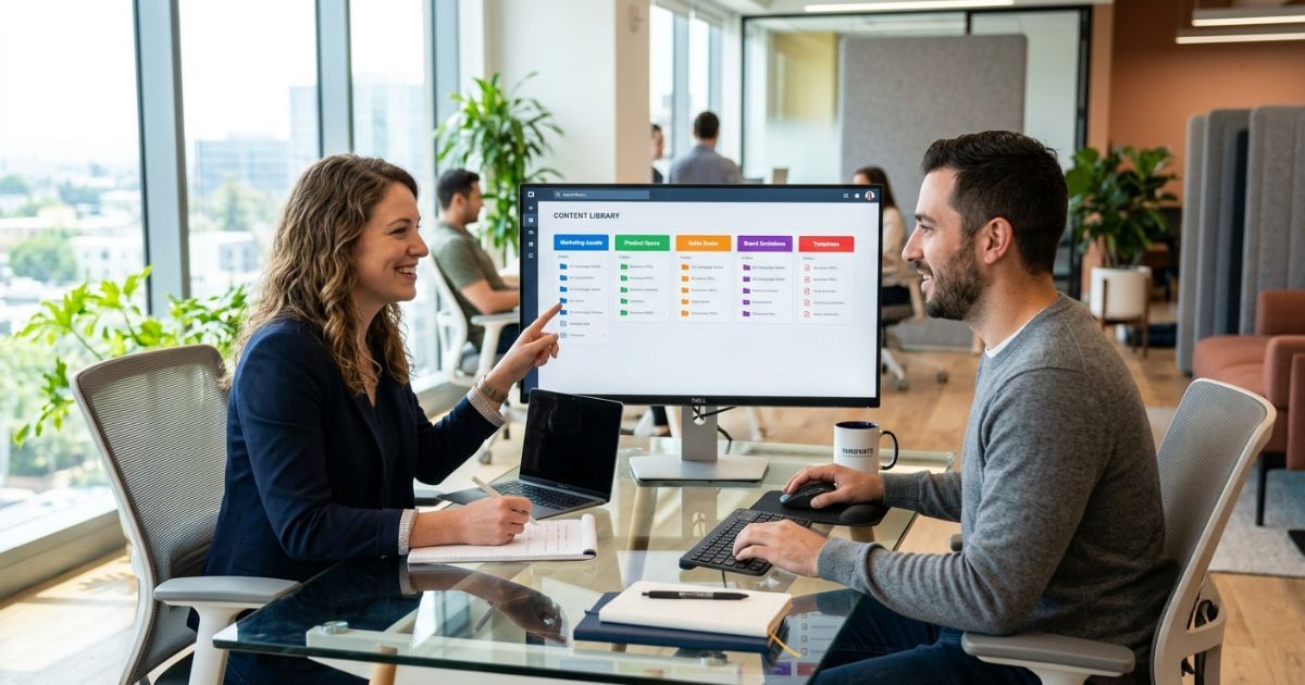 Two colleagues reviewing a structured content library on a shared monitor in a modern office setting