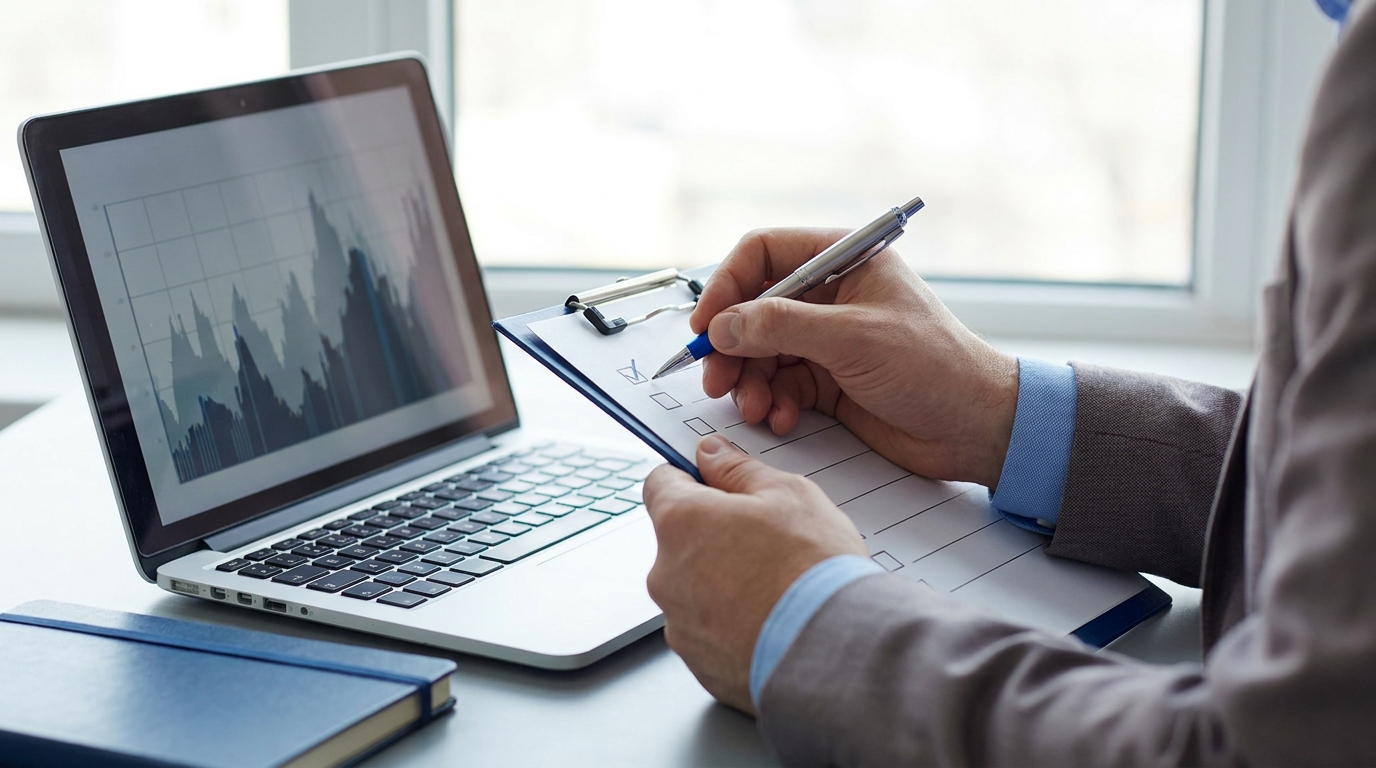 Hands checking items on a clipboard checklist beside a laptop on a desk