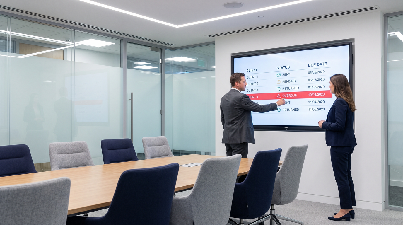 Two colleagues reviewing a wall display tracking outstanding client reference requests by status and due date