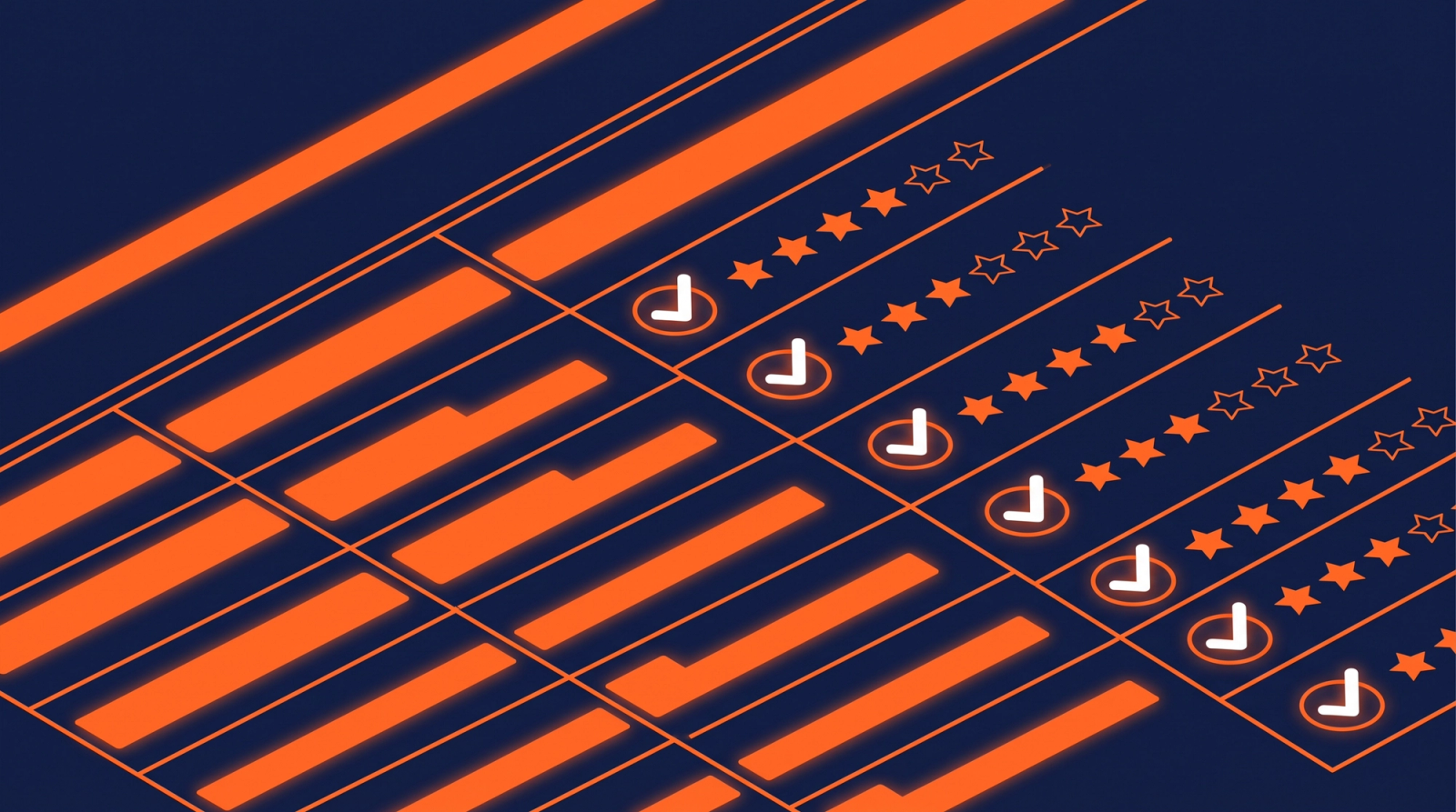 Isometric weighted scoring grid with criteria bars of varying widths, checkmarks, and star ratings