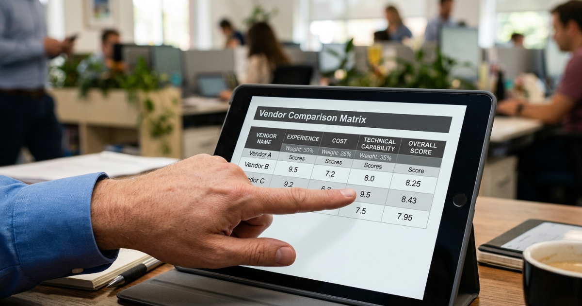 Hand pointing at a vendor comparison scorecard displayed on a tablet