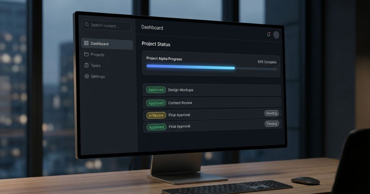 Response management dashboard showing question status tags and a content search sidebar on a dark UI