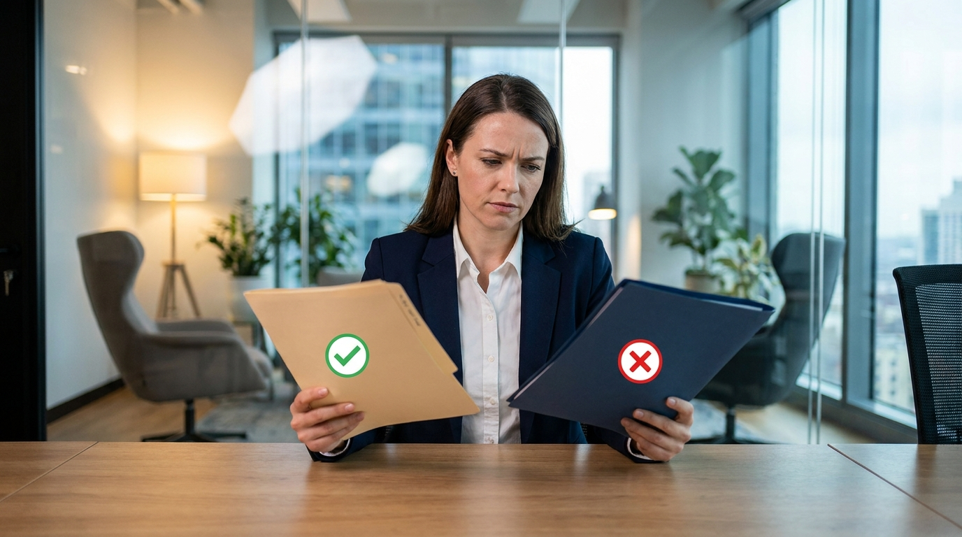 Professional weighing two folders marked with a check and a cross to decide whether to bid