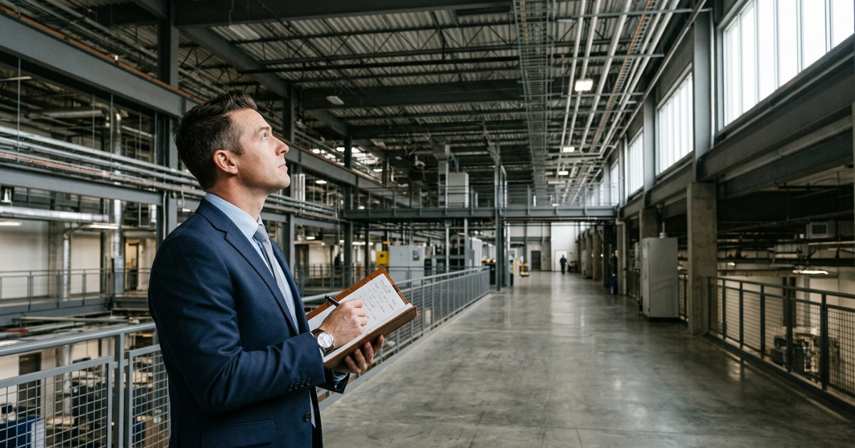 Person in business attire taking notes while inspecting a facility hallway