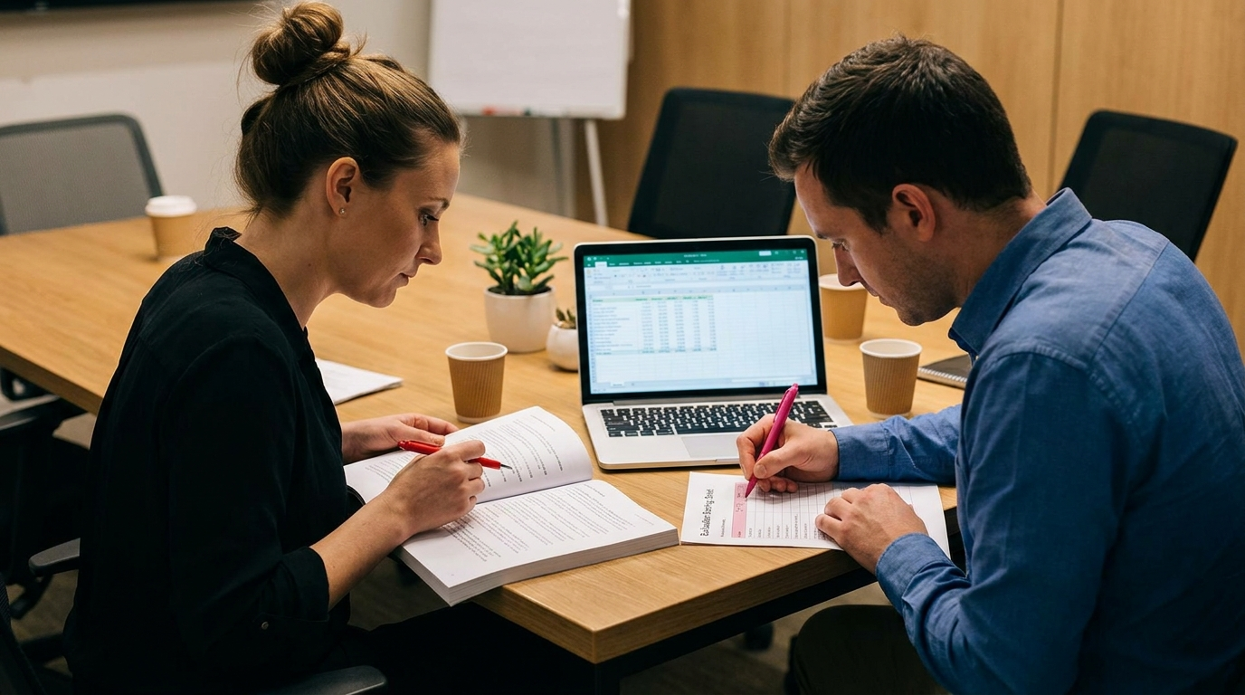Two reviewers marking a printed proposal with red pens and scoring sheets at a desk