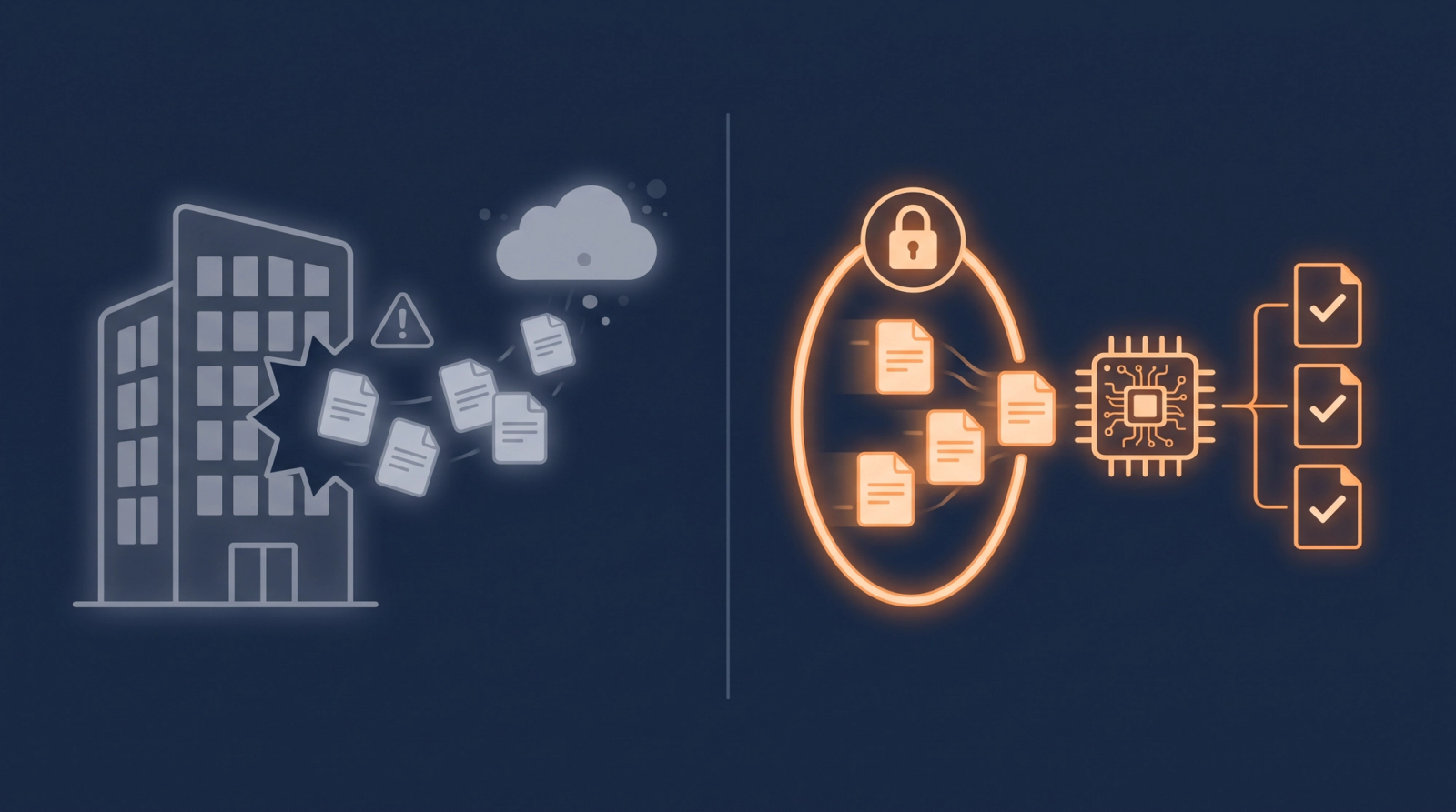 Flat illustration of documents leaking to a public cloud beside documents kept inside a secure AI boundary