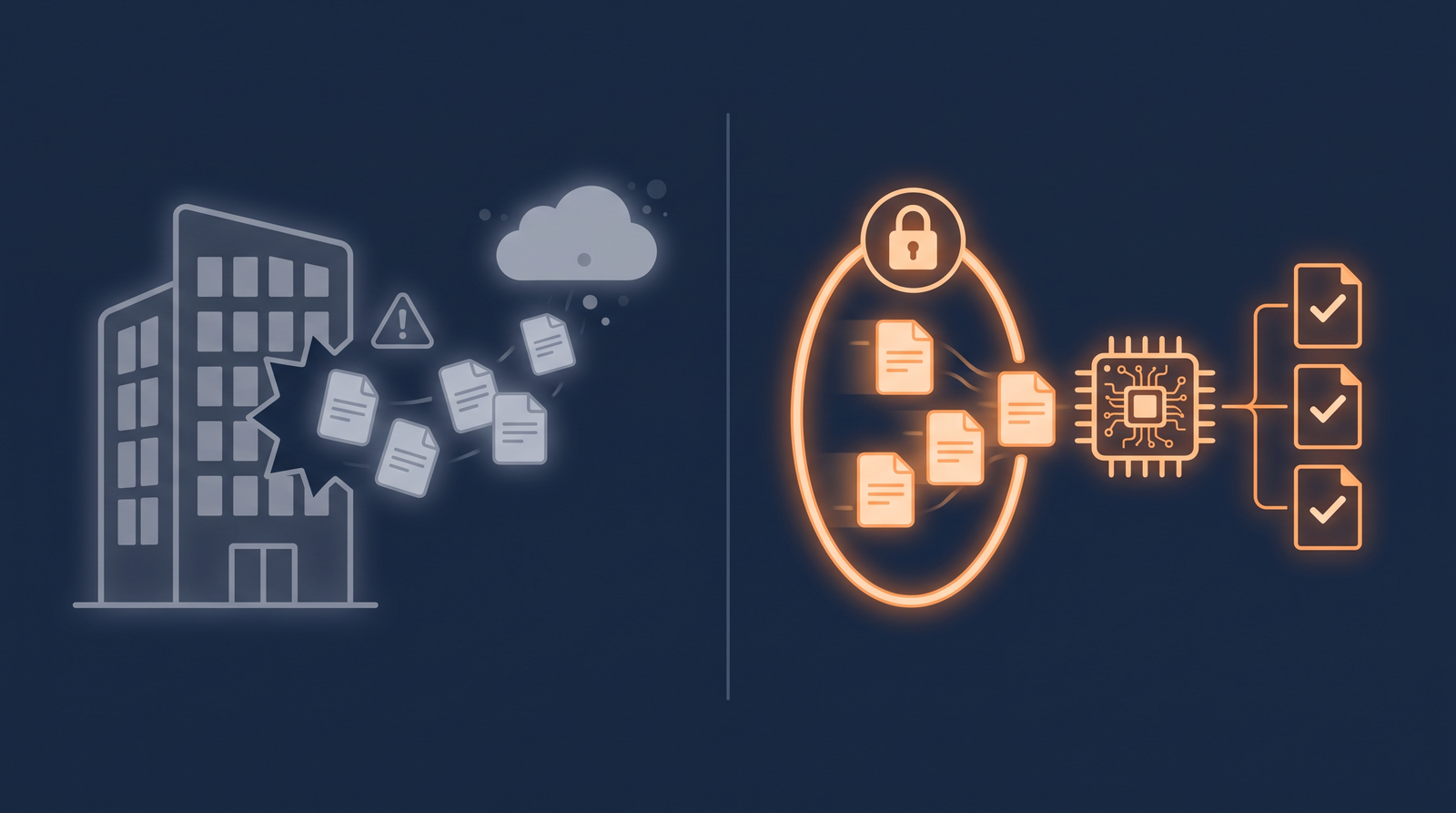 Flat illustration of documents leaking to a public cloud beside documents kept inside a secure AI boundary