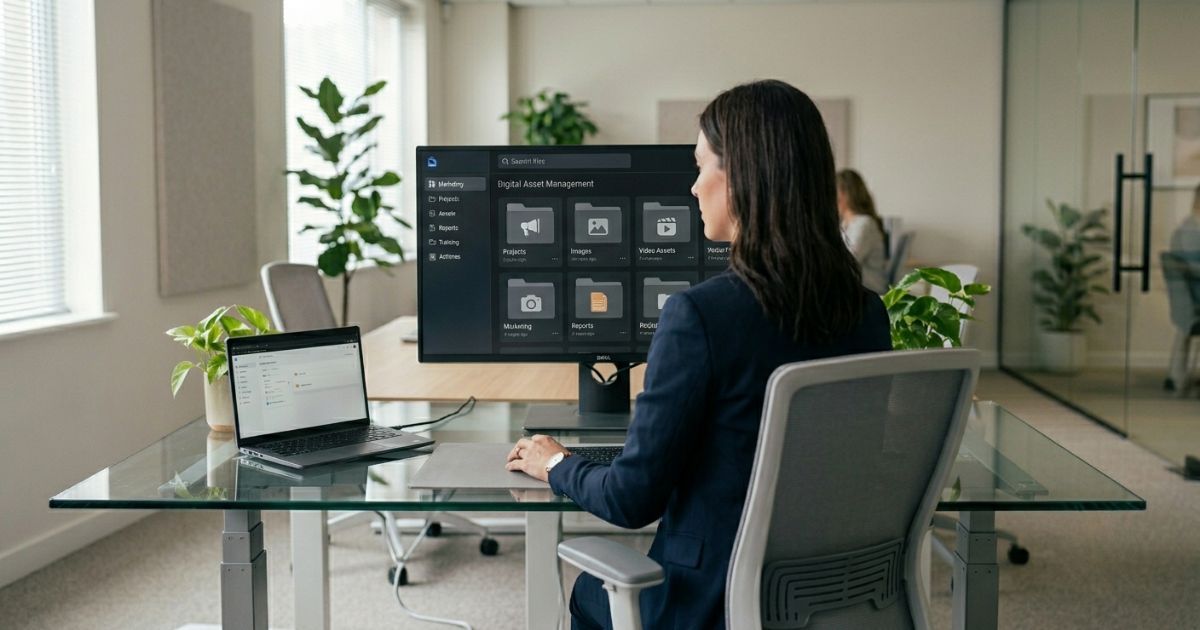 Professional reviewing a digital content library on a large monitor in a modern office setting