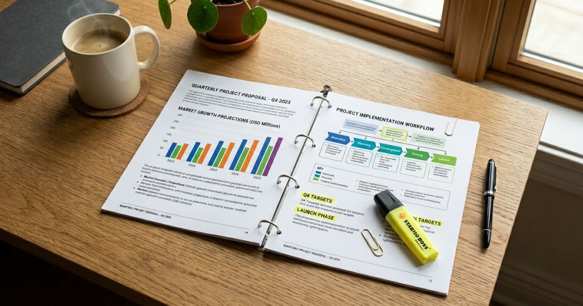 Printed proposal with bar charts and highlighted sections laid flat on a desk with natural lighting.