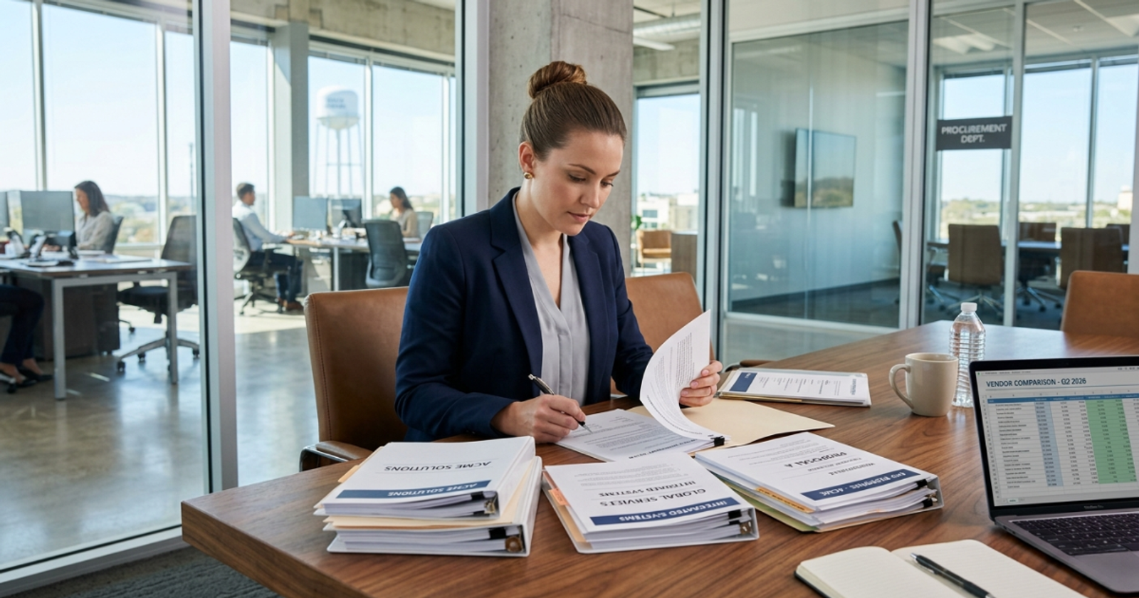Compliance analyst reviewing risk analysis dashboards and regulatory charts on dual monitors at a corporate desk