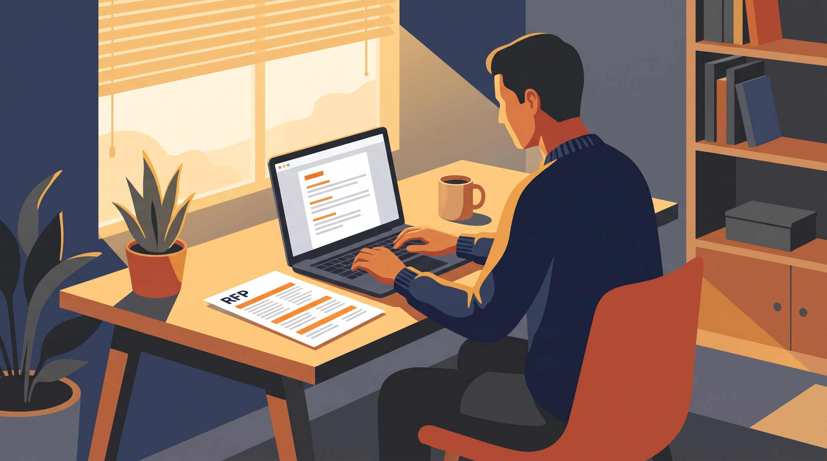 Proposal writer drafting an RFP response on a laptop beside a printed RFP with highlighted requirements