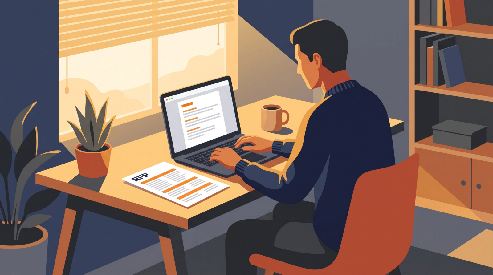 Proposal writer drafting an RFP response on a laptop beside a printed RFP with highlighted requirements