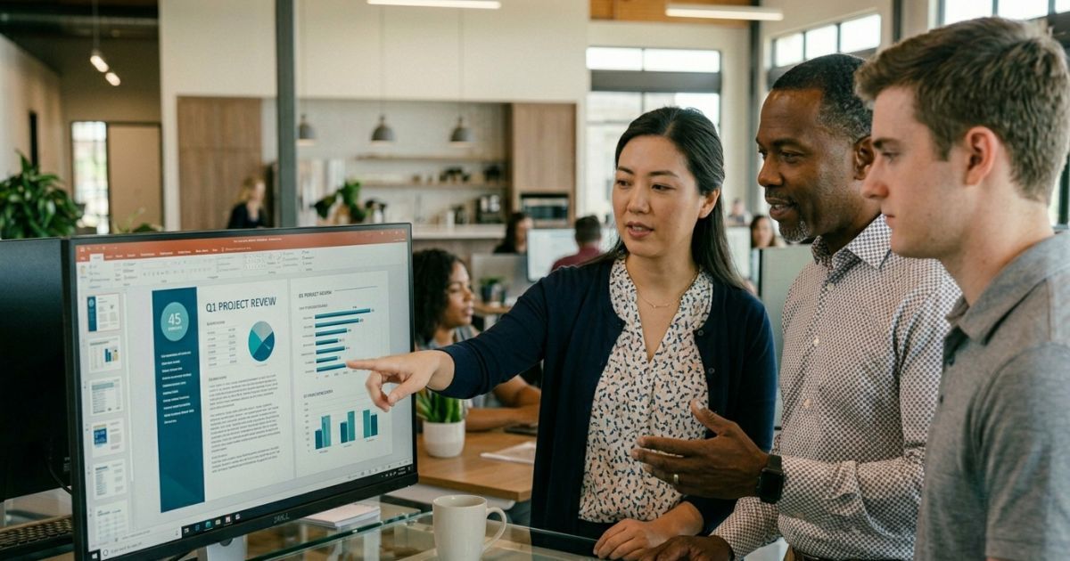 Three colleagues in business casual attire reviewing a document together at an office workstation