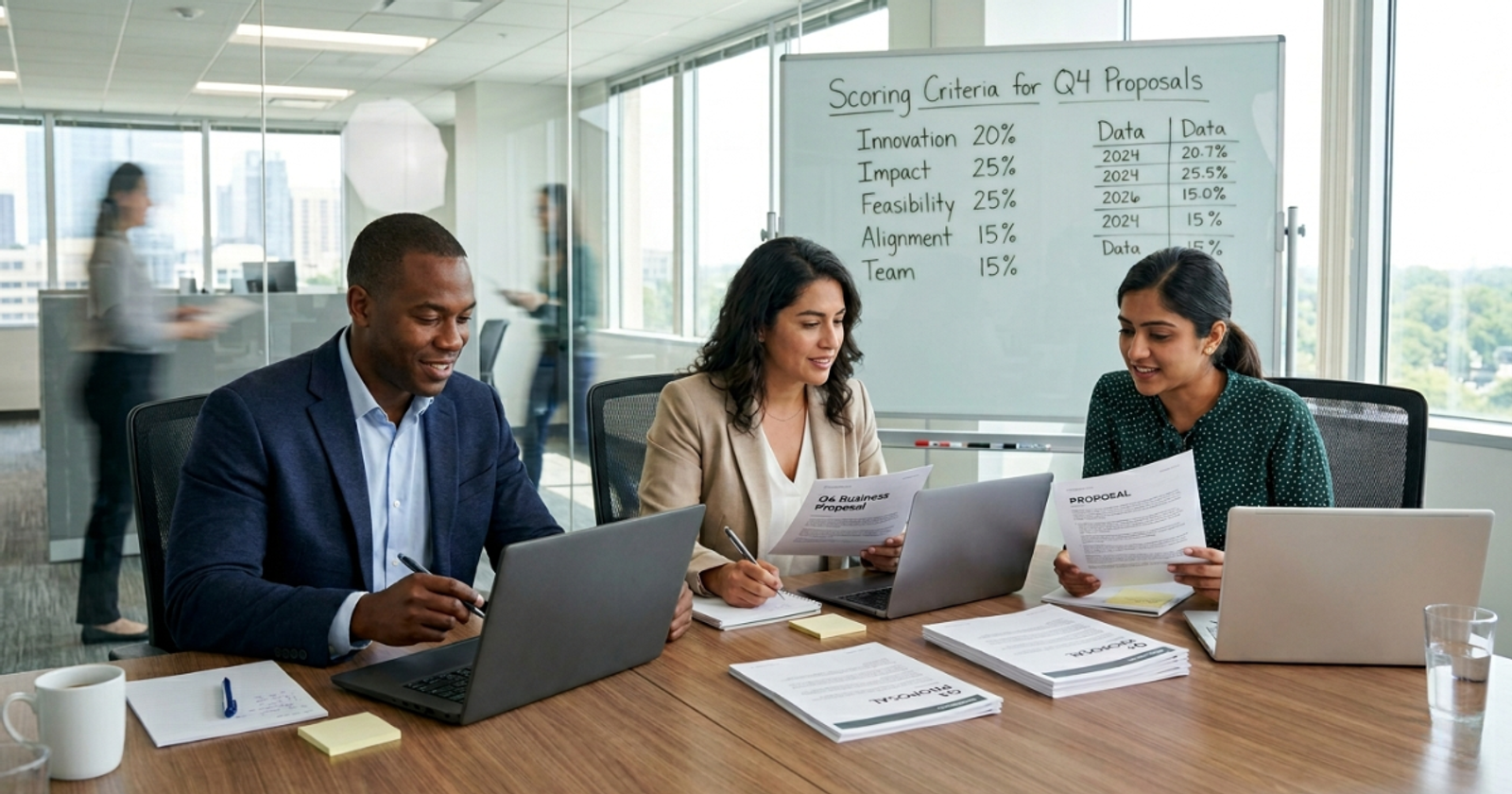 Team reviewing printed proposals at a conference table with a scoring whiteboard