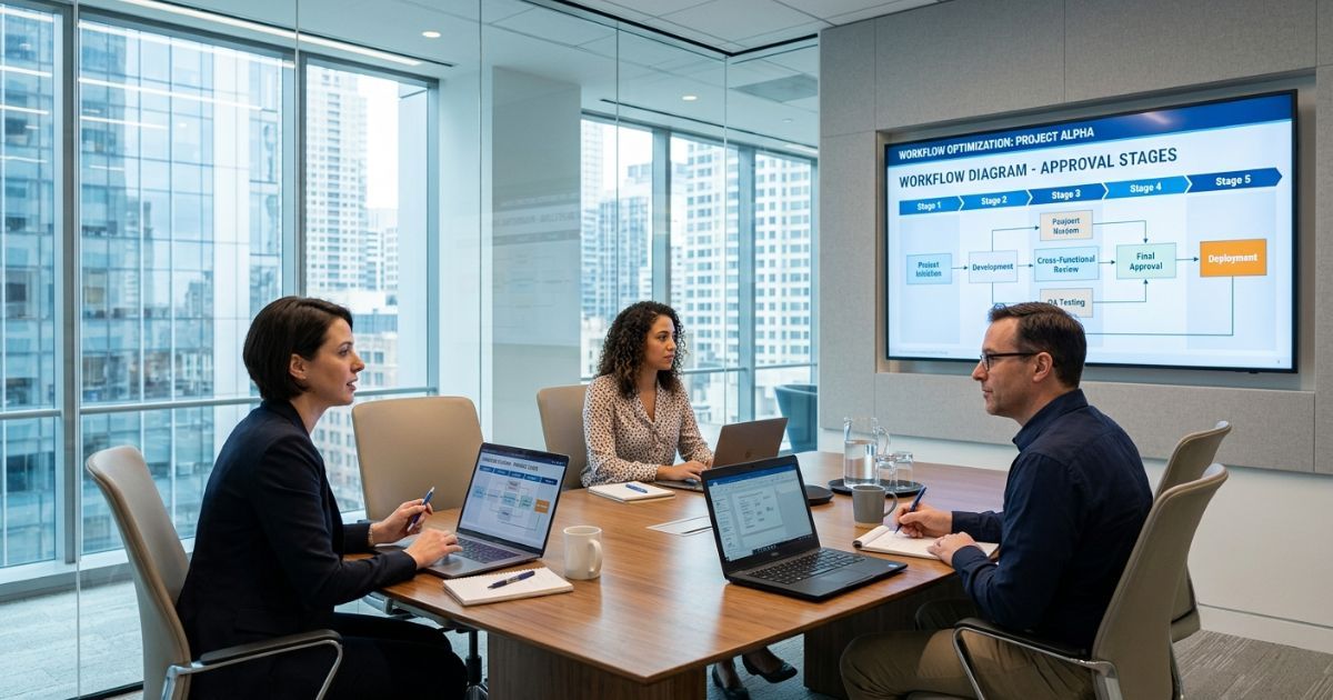 Cross-functional team reviewing an RFP workflow diagram in a glass-walled conference room