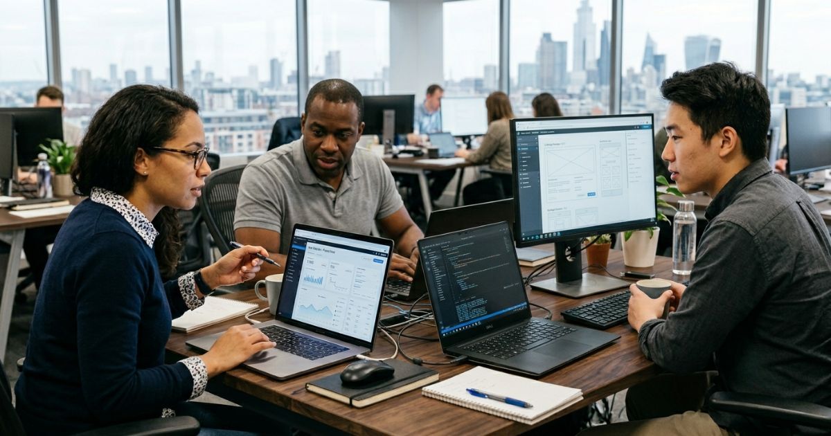 Three colleagues at a desk looking at different screens showing software dashboards