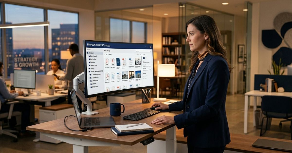 Proposal manager reviewing a digital content library on a widescreen monitor in a modern office