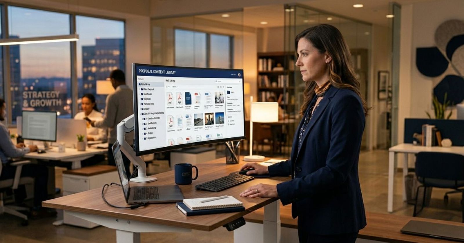 Proposal manager reviewing a digital content library on a widescreen monitor in a modern office