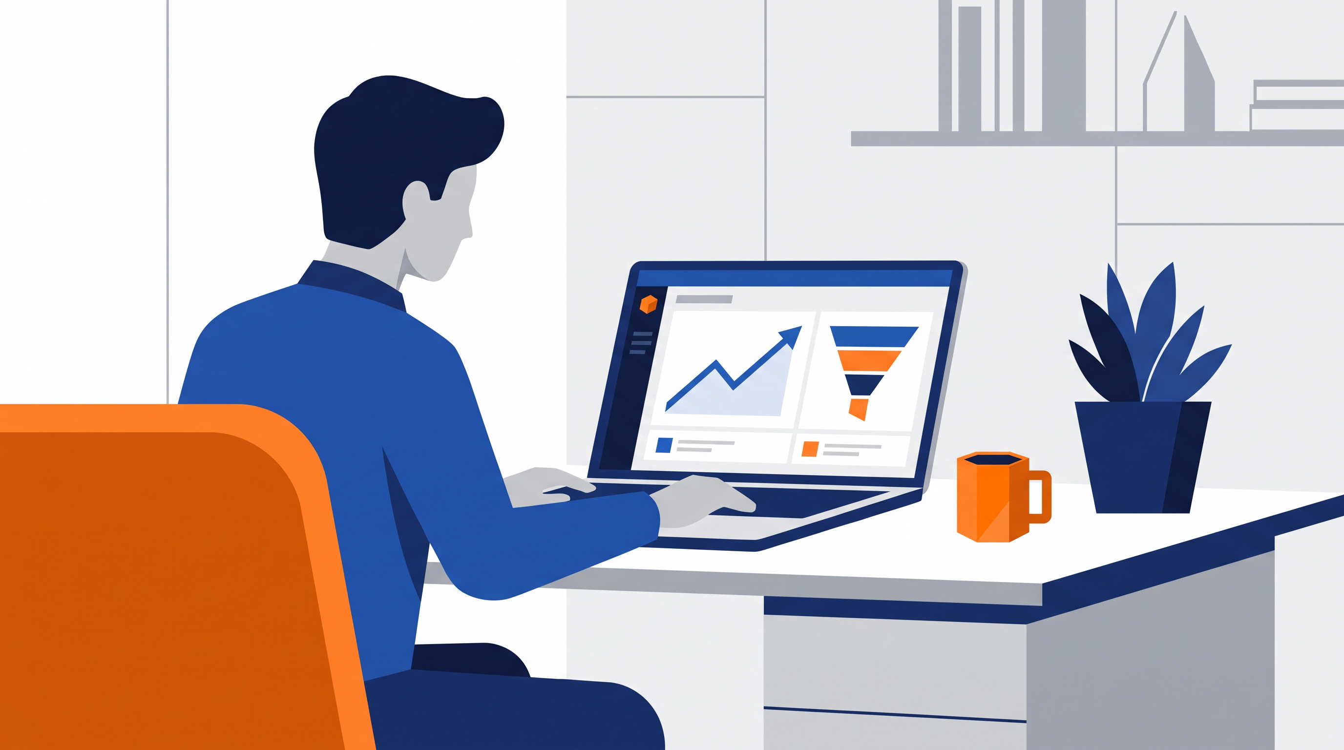 Proposal manager at a desk reviewing a laptop dashboard with a rising line chart and funnel diagram
