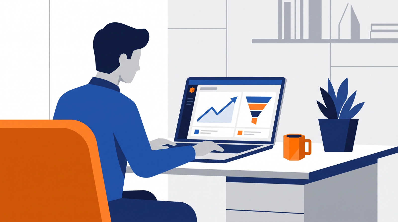 Proposal manager at a desk reviewing a laptop dashboard with a rising line chart and funnel diagram