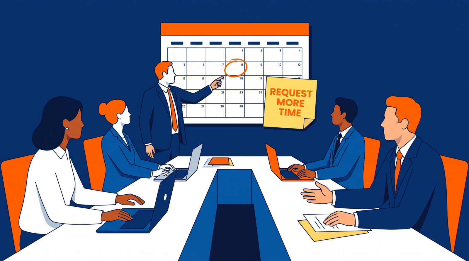 Proposal team reviewing a wall calendar with a circled deadline and a note asking for more time