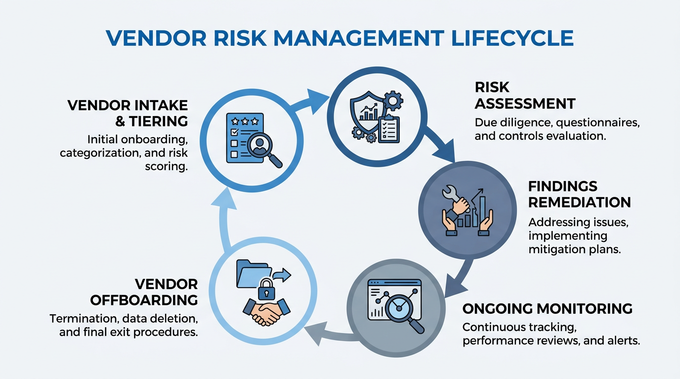 Circular diagram showing vendor risk management stages from intake to monitoring