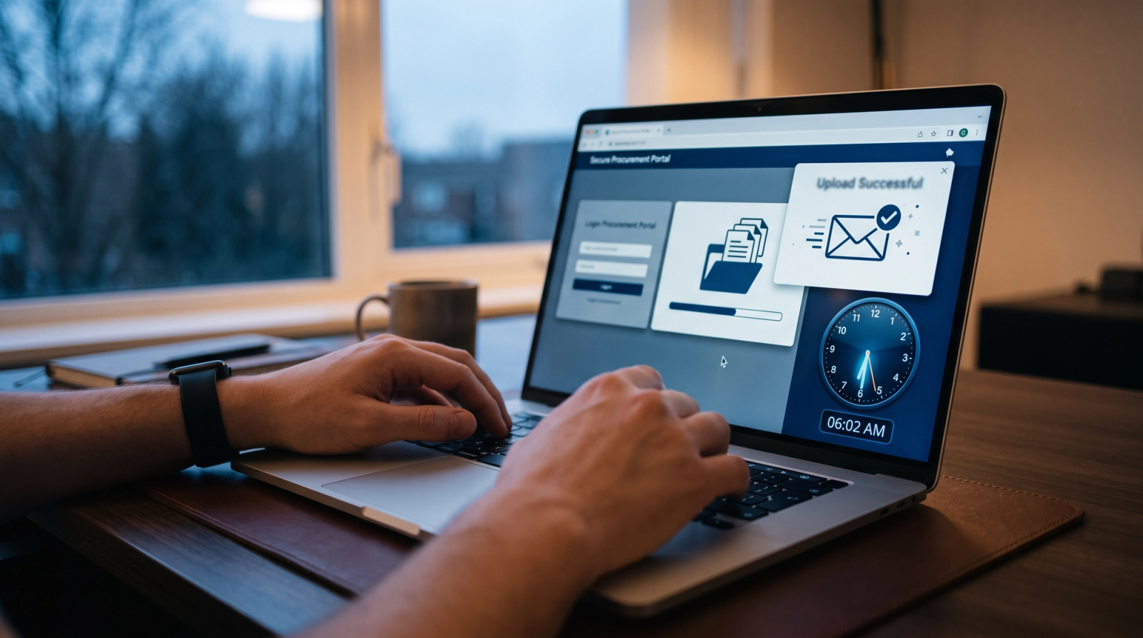 Hands uploading a document folder to a secure procurement portal with a confirmation envelope icon