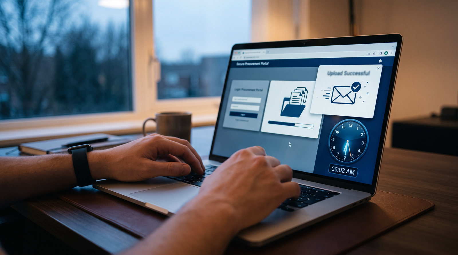 Hands uploading a document folder to a secure procurement portal with a confirmation envelope icon