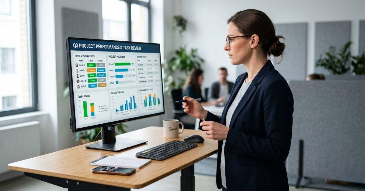 Professional reviewing an RFP workflow dashboard with task assignments on a monitor