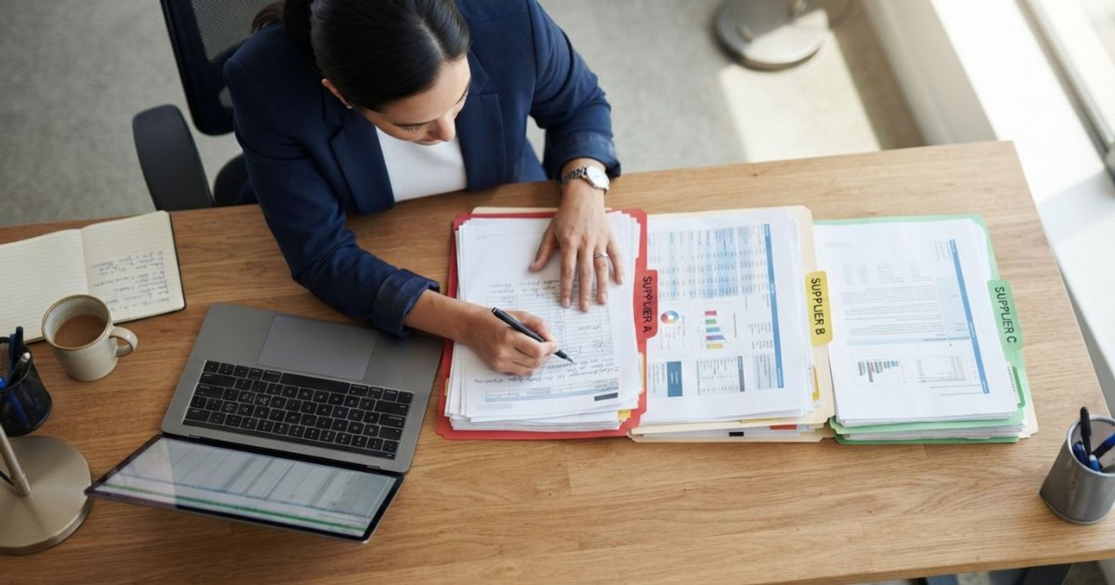 Procurement professional comparing three separate document folders at a desk
