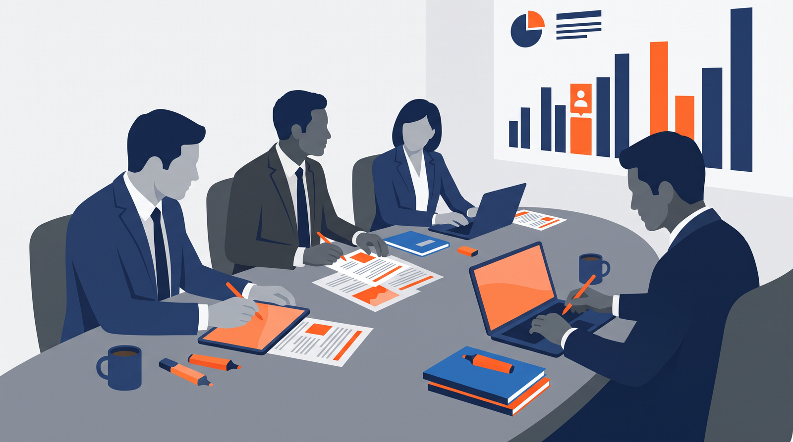 Proposal team at a conference table comparing printed pages to a scorecard projected on the wall