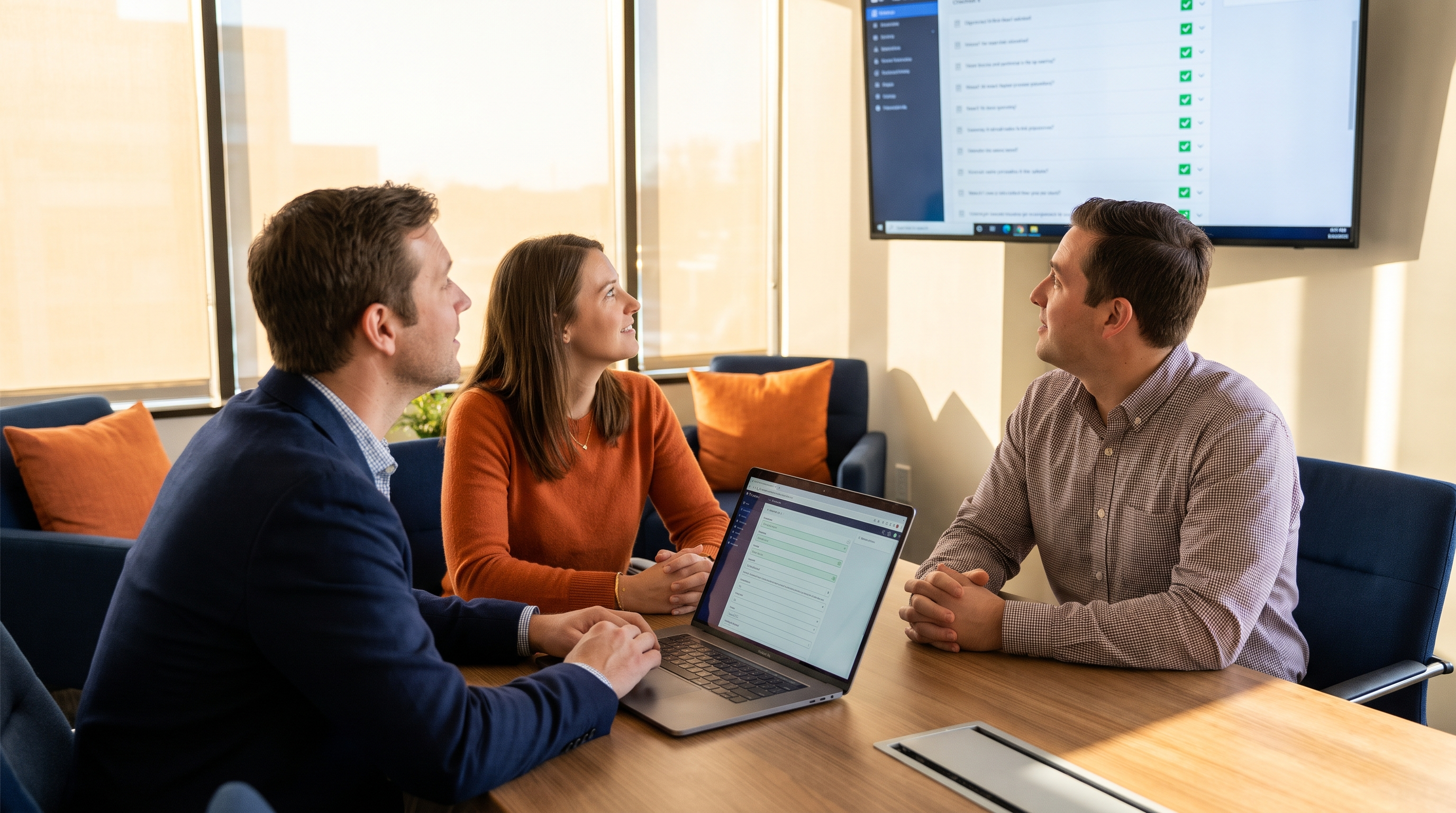 Three colleagues reviewing a questionnaire on a laptop and wall monitor in a conference room