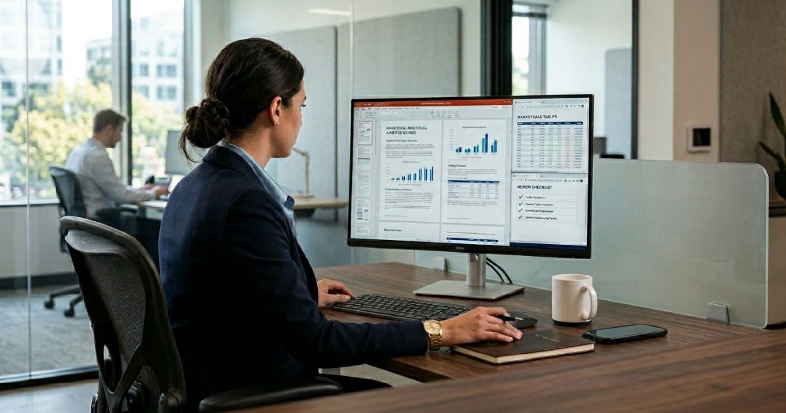 Financial professional reviewing RFP documents on a monitor with data tables in background