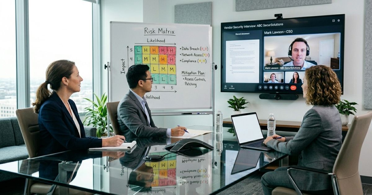 Three colleagues conducting a vendor security audit interview via video call in a conference room with a risk matrix on the whiteboard