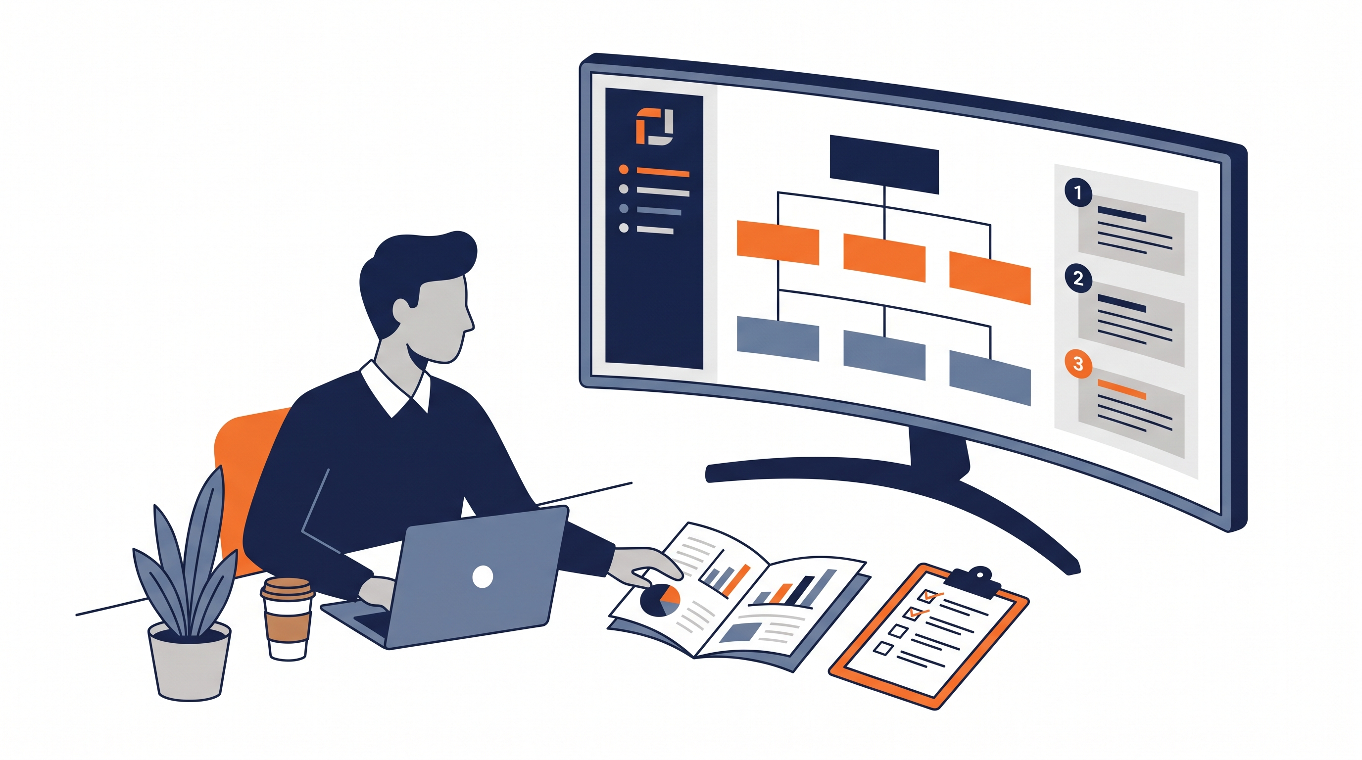 Proposal manager at a desk reviewing a technical proposal outline beside a requirements checklist