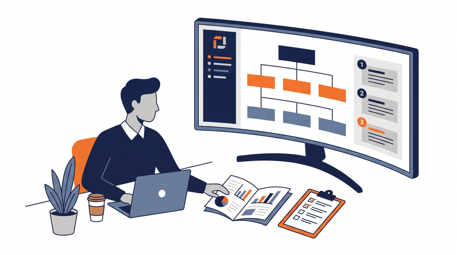 Proposal manager at a desk reviewing a technical proposal outline beside a requirements checklist
