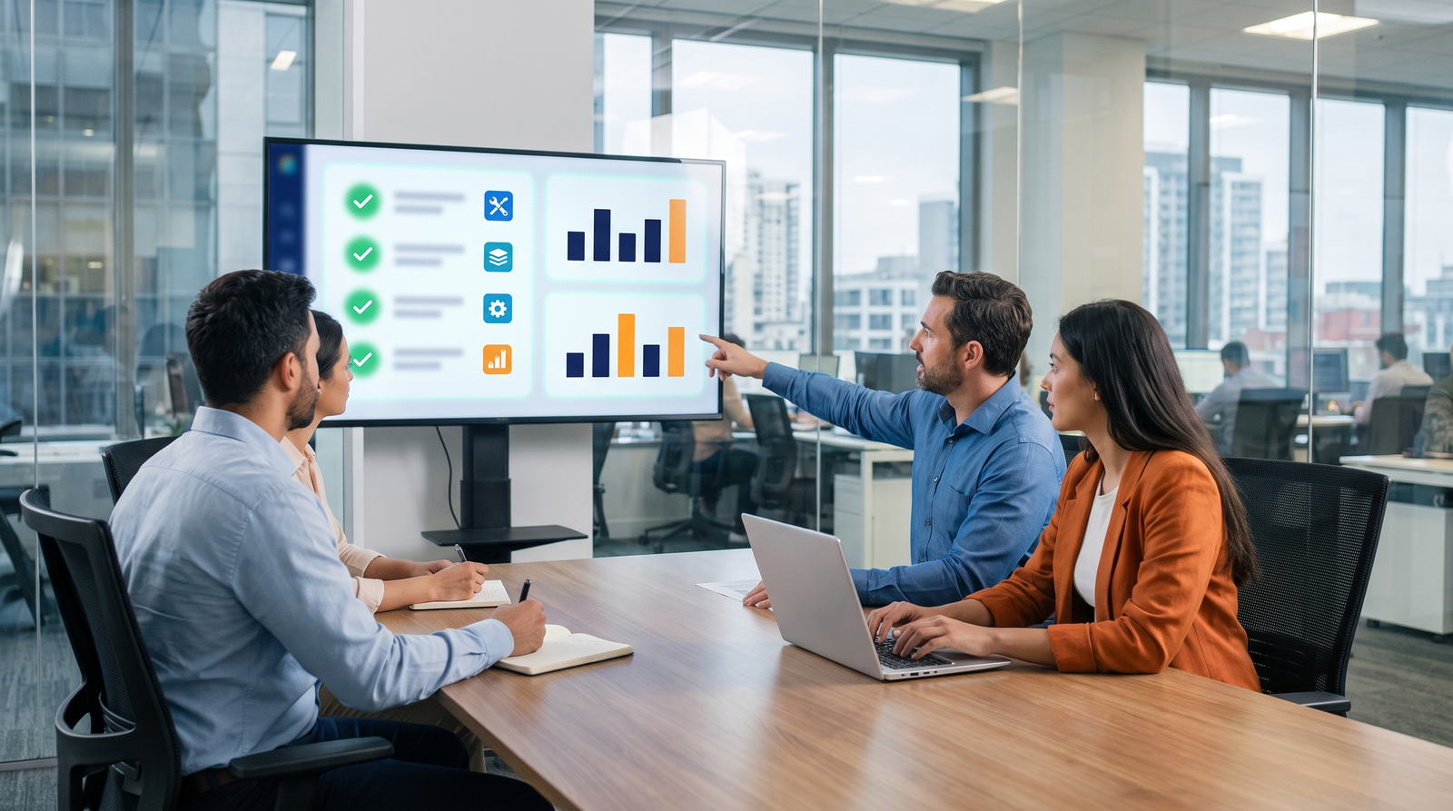 Compliance and IT team in a glass conference room reviewing a dashboard of approved software tools