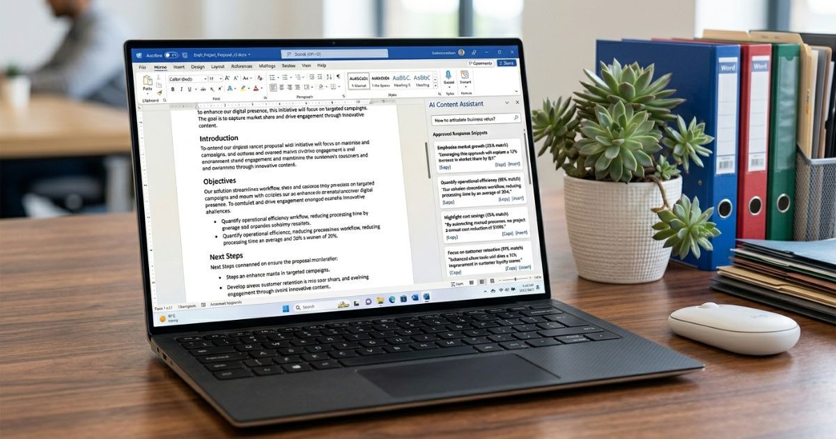 Laptop showing a Word document with a RocketDocs LaunchPad content sidebar displaying approved response suggestions