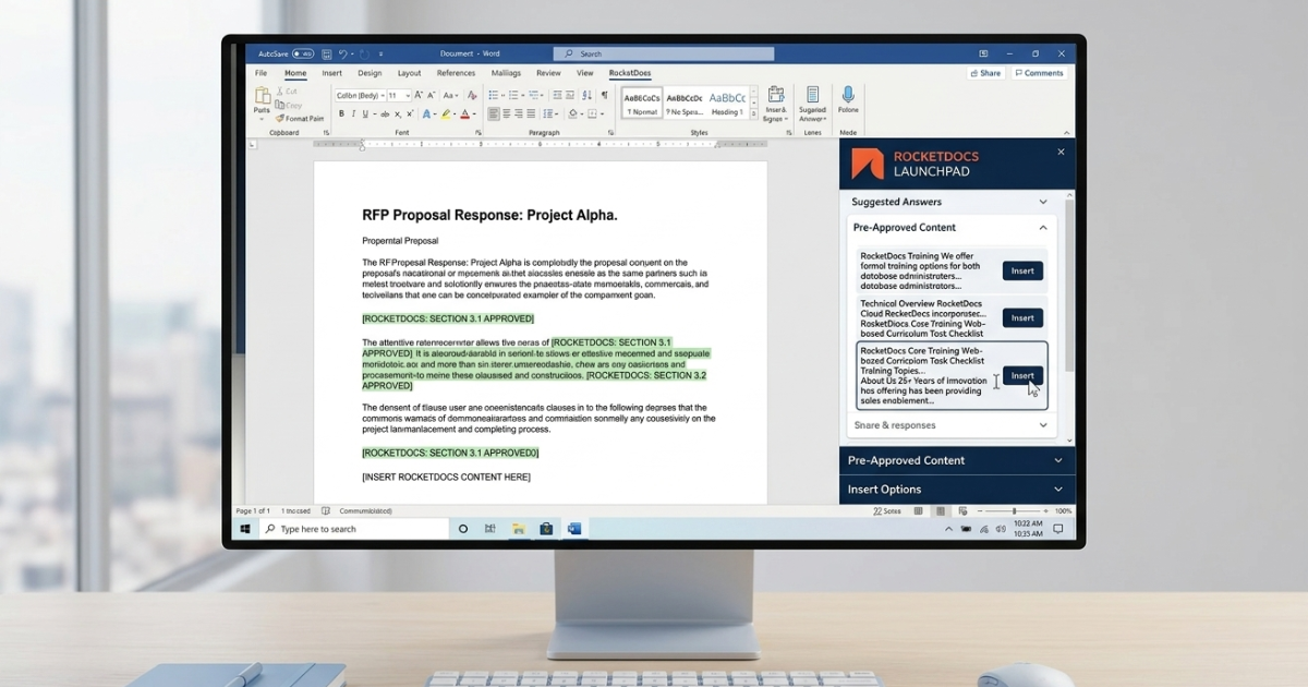 RocketDocs LaunchPad sidebar open in Microsoft Word displaying pre-approved content suggestions being inserted into an RFP proposal response document