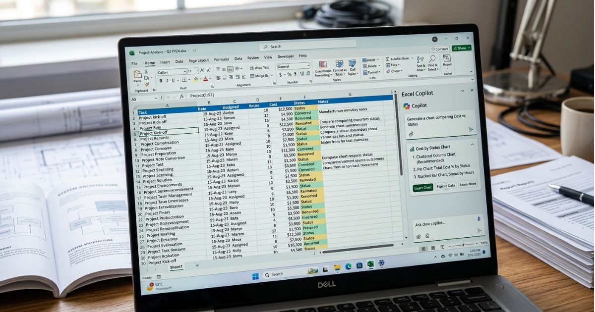 Laptop screen showing Excel spreadsheet with a library search panel open for questionnaire completion