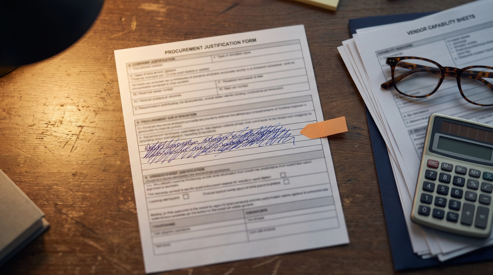 Close-up of a sole source justification form with the market research section annotated in pen
