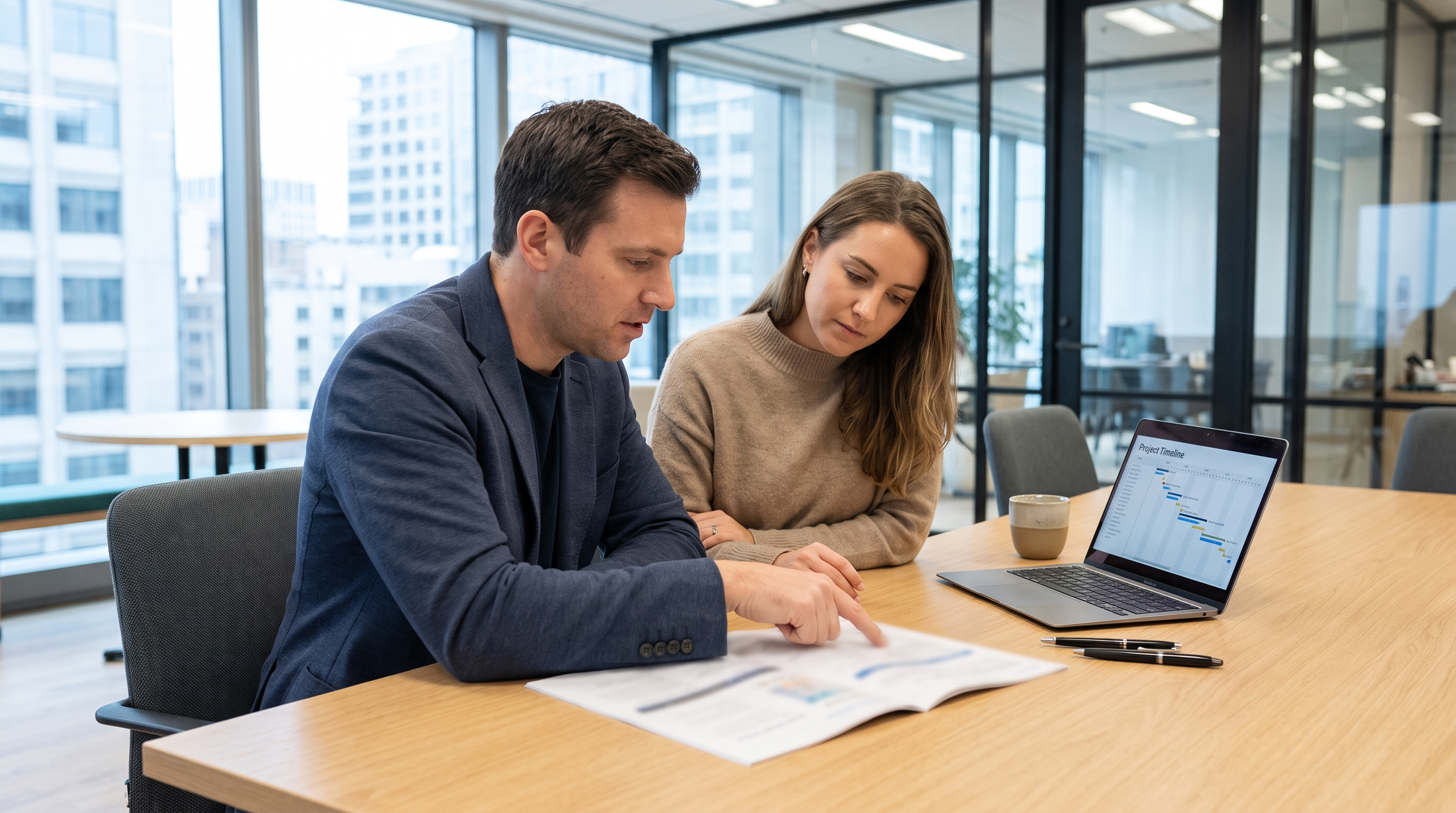 Two colleagues reviewing a printed statement of work across a conference table with a laptop