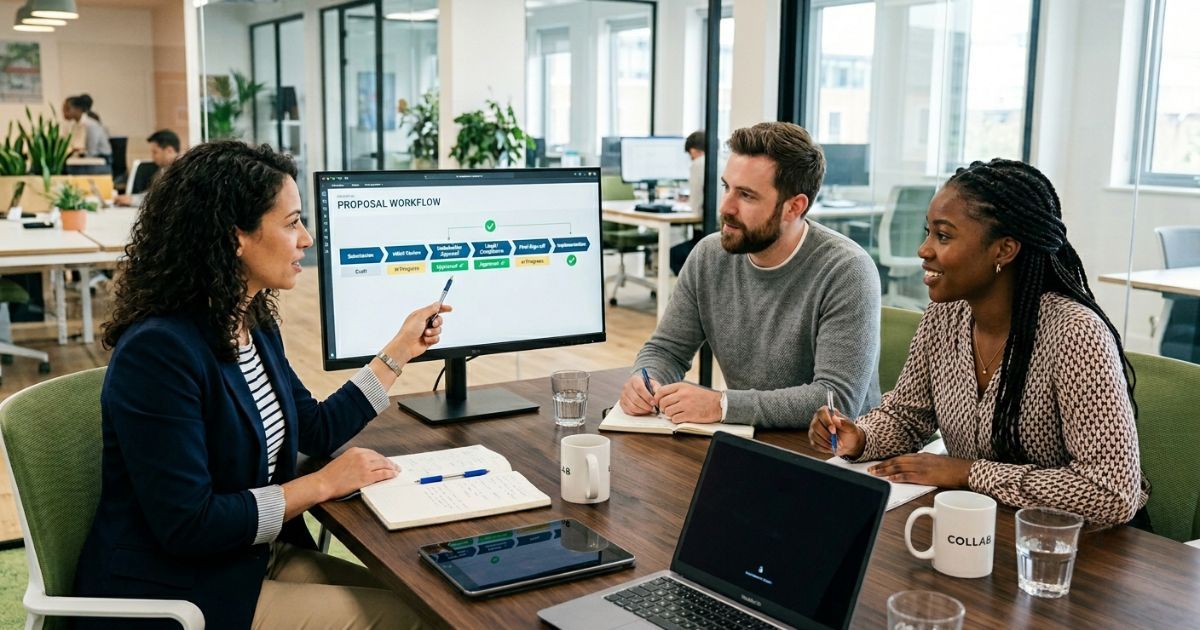 Three proposal team members reviewing an RFP workflow dashboard together at a conference table